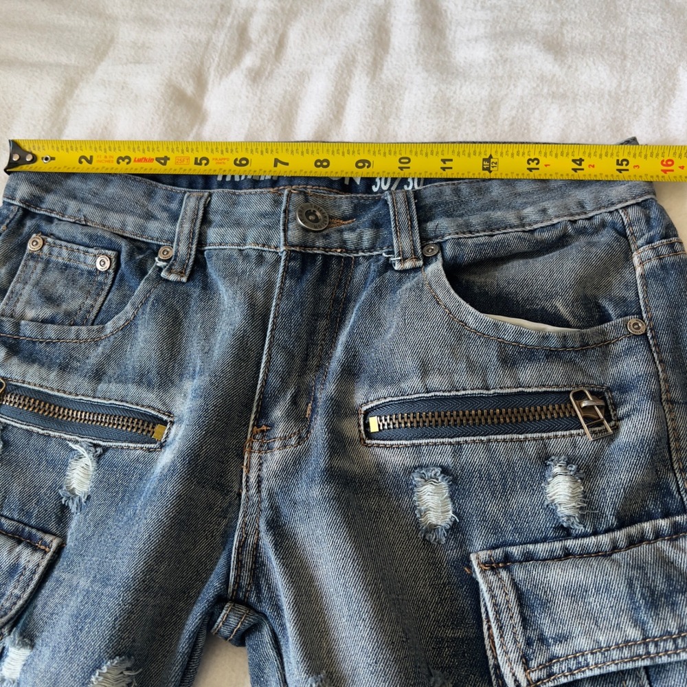 Trill Nation Mens 30x30 Moto Biker Cargo Jeans Distressed Blue Denim Ribbed Knee - Picture 7 of 13